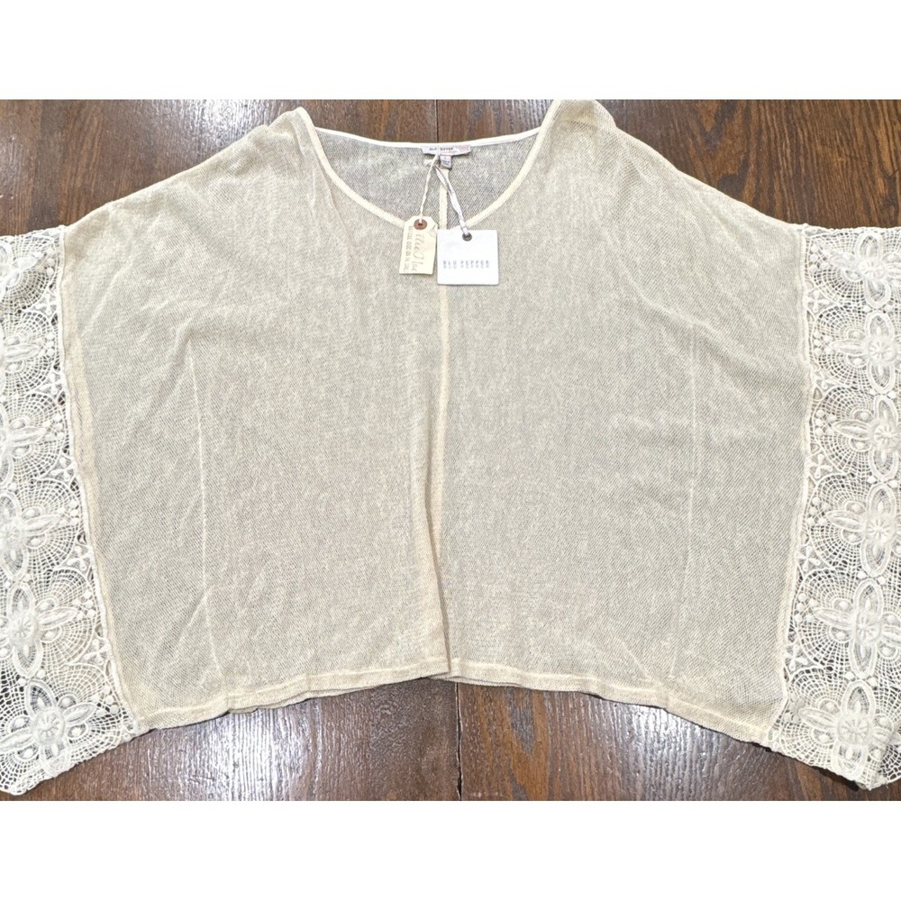 Blu Pepper Womens Lace Poncho Top Sheer V-Neck Beige Pullover Casual S Regular